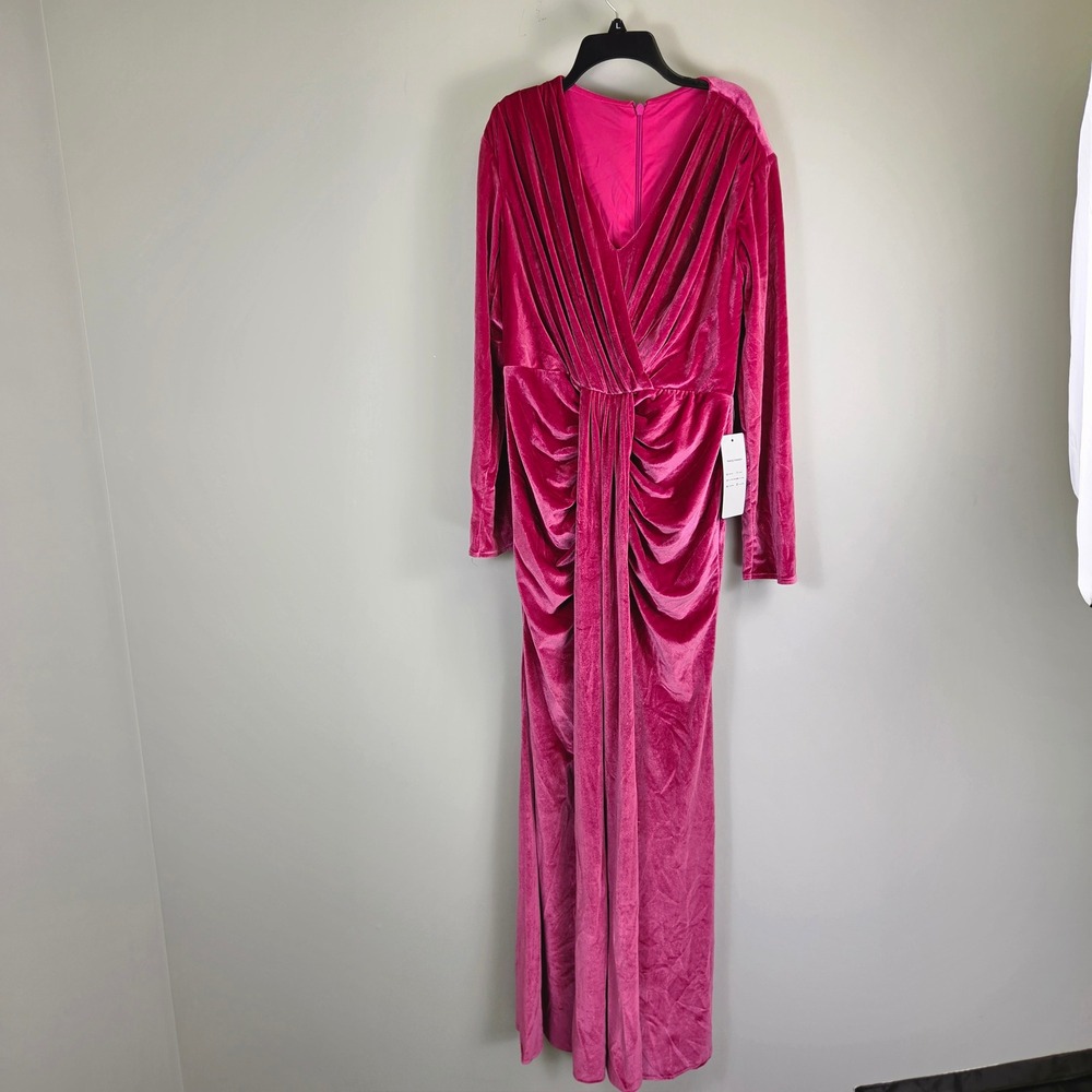 Wear Your Love Pink Velvet Ruched Maxi Dress Long Sleeve V-Neck Formal Gown 14